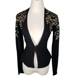 Vtg Cache Cardigan Sweater Jacket Peplum Gold Sequins Bodycon Going Out Date XS